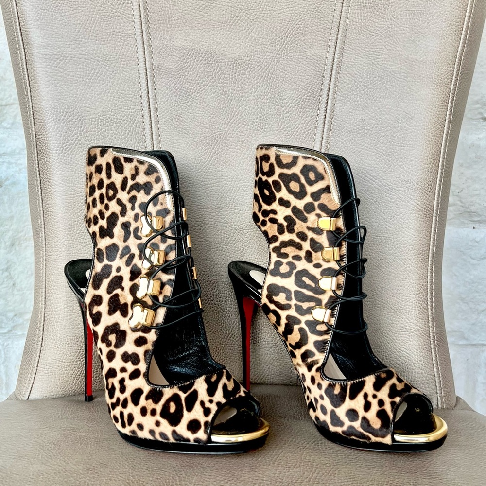 Christian Louboutin Troubida 100 Leopard Print Heels Gold and Black Accents 38